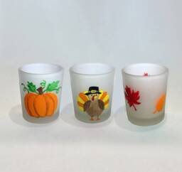 Hand Painted Thanksgiving Votive Candle Holders - Frosted Glass, Set Of 3