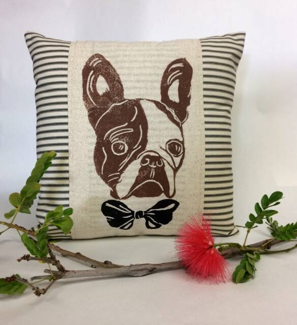 Hand Block Print French Bulldog Pillow Ticking Stripe Throw Pillow - image 1