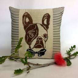Hand Block Print French Bulldog Pillow Ticking Stripe Throw Pillow - thumbnail 2