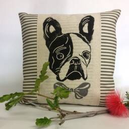 Hand Block Print French Bulldog Pillow Ticking Stripe Throw Pillow - thumbnail 3