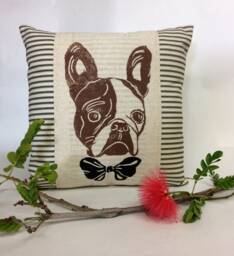 Hand Block Print French Bulldog Pillow Ticking Stripe Throw Pillow - thumbnail 1