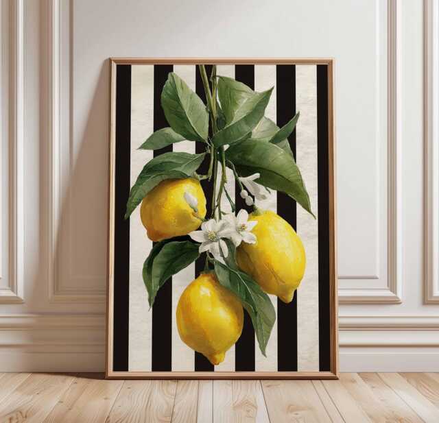 Lemon Kitchen Poster, Botanical Fruit Wall Art, Bold Print With Black Stripes, Mediterranean Decor, Citrus - image 1