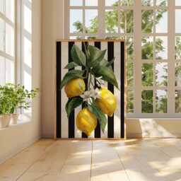 Lemon Kitchen Poster, Botanical Fruit Wall Art, Bold Print With Black Stripes, Mediterranean Decor, Citrus - thumbnail 3