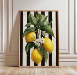 Lemon Kitchen Poster, Botanical Fruit Wall Art, Bold Print With Black Stripes, Mediterranean Decor, Citrus - thumbnail 1