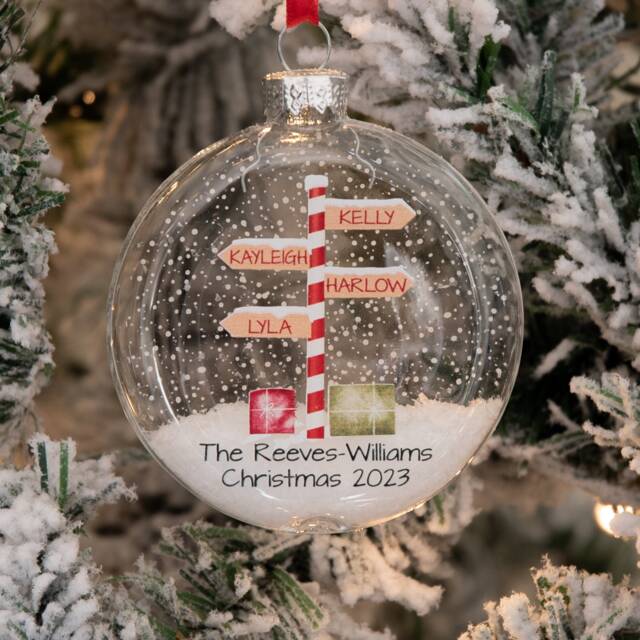 Personalised Stripy North Pole Family Glass Bauble Christmas Tree Ornament - image 1