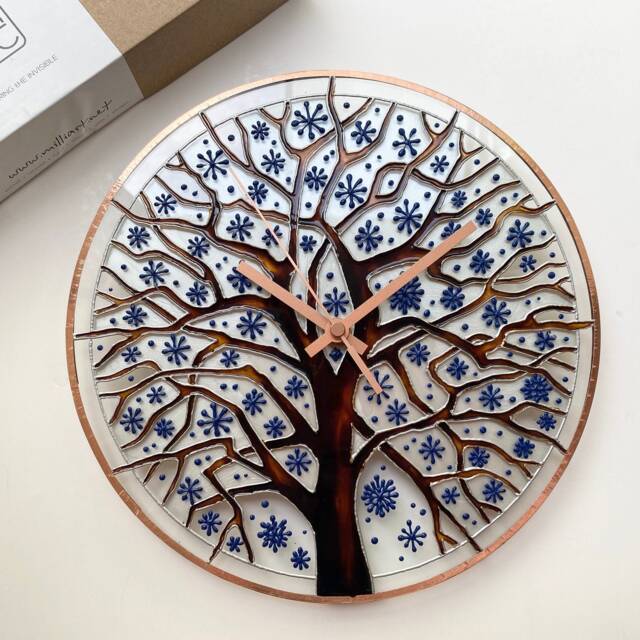 Hand-Painted Winter Tree Glass Wall Clock Snowflake Art - image 1