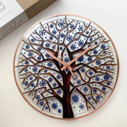 Hand-Painted Winter Tree Glass Wall Clock Snowflake Art
