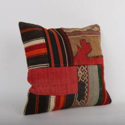Vintage Turkish Kilim Pillow Cover Handwoven Wool Throw Cushion - 16x16 - thumbnail 2