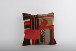 Vintage Turkish Kilim Pillow Cover Handwoven Wool Throw Cushion - 16x16 - thumbnail 1