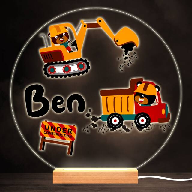 Funny Bear Construction Cars Colourful Round Personalised Gift Lamp Night Light - Bedroom - image 1
