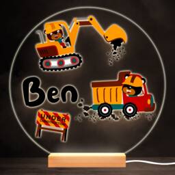 Funny Bear Construction Cars Colourful Round Personalised Gift Lamp Night Light - Bedroom