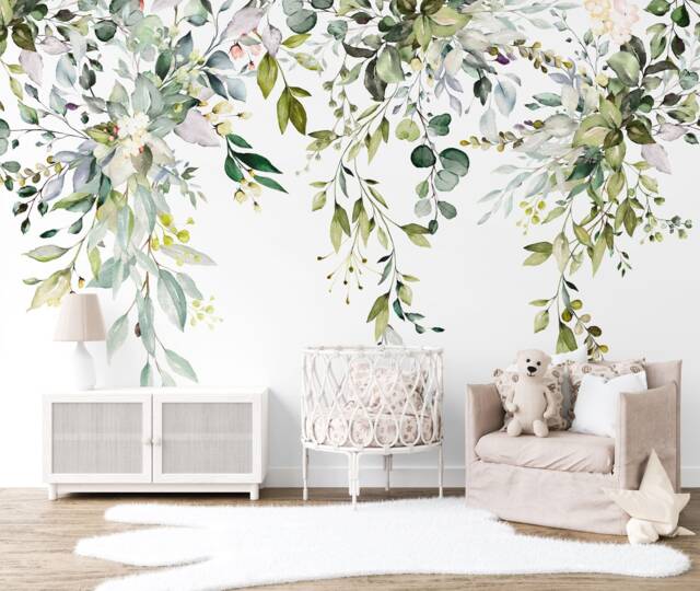 Floral Drop Wall Mural, Hanging Garden Wallpaper, Green Leaves Nursery & Room D??cor