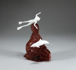 Snorkeler With Dolphin By John Perry 7 Inch Tall Sculpture On Burlwood Base - thumbnail 1