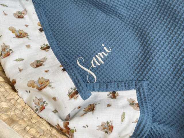 Embroidered Name Baby Blanket, Personalized Organic Cotton Muslin Swaddle, Lightweight Woodland Summer Blanket - image 1