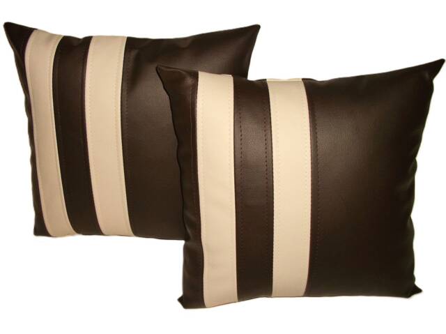 "2 Brown & Cream Twin Stripe Faux Leather Cushion Covers 16"" 18"" 20" - image 1