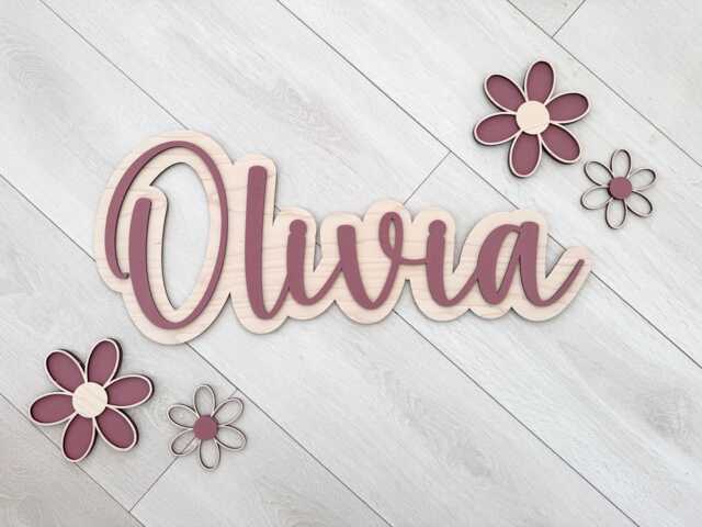 Wooden Natural Wood Large 60cm Flower Name Plaque/Sign - Baby Nursery Girls Bedroom Decor Wall Hanging - image 1