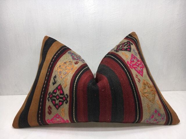 Vintage Handwoven Kilim Pillow, Bohemian Turkish Throw Pillow - 16x24 - image 1