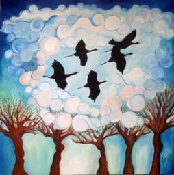 Wild Geese Migration Oil Painting, Gallery Canvas Art, 24x24 - thumbnail 1
