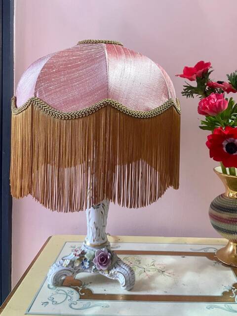 Handmade Silk Fringe Lampshade, Antique Rose, Art Deco Style, 14 Inch - image 1