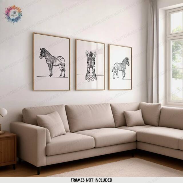 Minimalist Zebra Prints - Set Of 3 Posters - Line Drawing Decor Print Animal Wall Art Wildlife Gifts Pictures Zebras Black/White - image 1