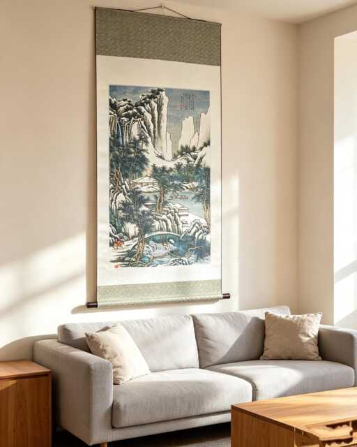 Woven Silk Brocade Wall Scroll - Snow Mountain Landscape Tapestry Art - 42x140cm - image 1