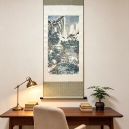 Woven Silk Brocade Wall Scroll - Snow Mountain Landscape Tapestry Art - 42x140cm - thumbnail 2