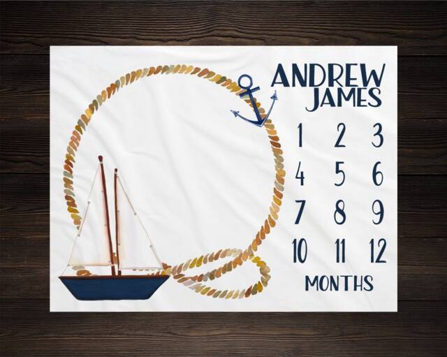 Nautical Baby Milestone Blanket Month Growth Tracker Shower Newborn Gift Boy Sail Boat Nursery Bm06 - image 1