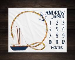 Nautical Baby Milestone Blanket Month Growth Tracker Shower Newborn Gift Boy Sail Boat Nursery Bm06 - thumbnail 1