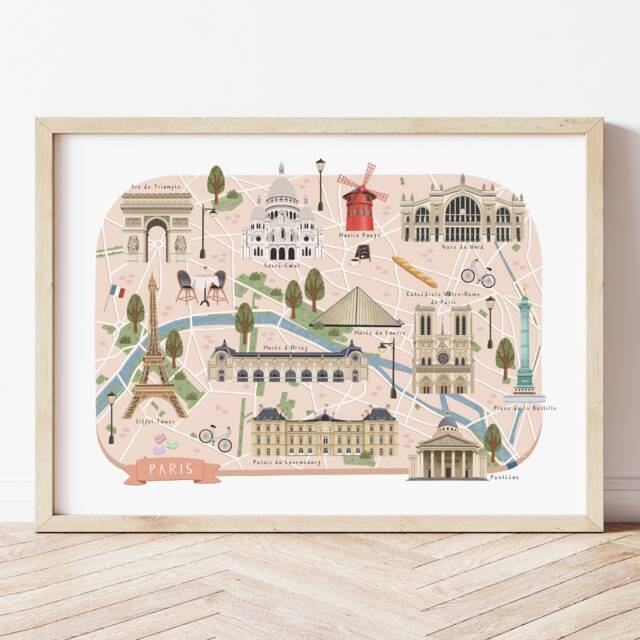 Paris Map, Illustrated Map Of Paris, Print, Art, Travel Poster, Illustration, Gift, French Poster - image 1