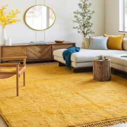 Yellow Solid Shag Rug, Handmade Wool Carpet, Boho Living Room Decor, Moroccan Berber Area Custom Large Rug - thumbnail 3