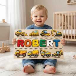 Personalized Construction Vehicle Name Puzzle, Custom Wooden Alphabet Excavator Truck Crane Cement Mixer, Toddler Toy Gift - thumbnail 2