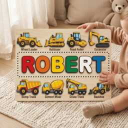 Personalized Construction Vehicle Name Puzzle, Custom Wooden Alphabet Excavator Truck Crane Cement Mixer, Toddler Toy Gift - thumbnail 3