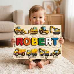 Personalized Construction Vehicle Name Puzzle, Custom Wooden Alphabet Excavator Truck Crane Cement Mixer, Toddler Toy Gift
