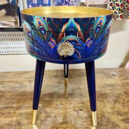 Peacock Side Table, Blue, Green & Teal Jewel Colours, Opulent Nightstand, Gold Navy Bedside Round Small Table