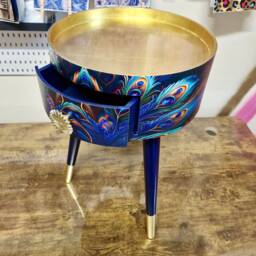 Peacock Side Table, Blue, Green & Teal Jewel Colours, Opulent Nightstand, Gold Navy Bedside Round Small Table - thumbnail 2
