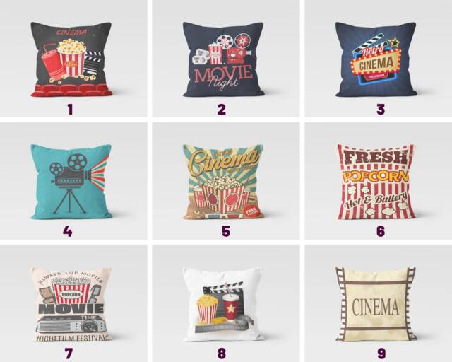 Cinema Movie Night Cushion Cover, Pillow Case, Room Decor, Popcorn Living Decoration, Home Theatre Throw Top - image 1