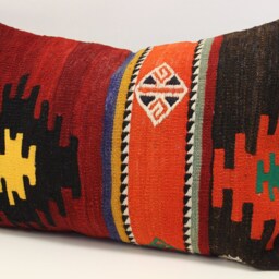 Turkish Kilim Lumbar Pillow Cover - 16x24 Inch, Ethnic Woven Wool Cushion - thumbnail 3