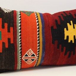 Turkish Kilim Lumbar Pillow Cover - 16x24 Inch, Ethnic Woven Wool Cushion - thumbnail 2
