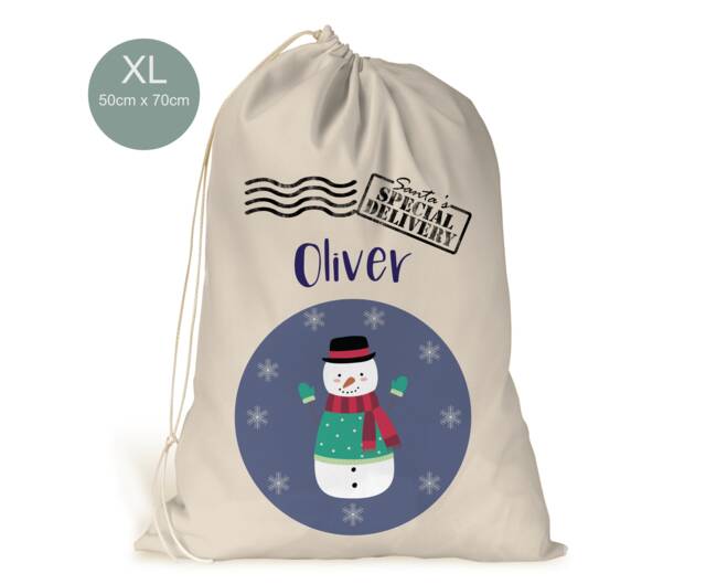 Personalised Xl Drawstring Christmas Sack/stocking Cute Snowmanboys Xmas Present Sack Gift Bag