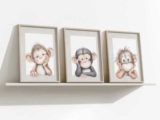 Safari Animal Monkey Baby Girls Boys A4 Or A3 Nursery Set Of Unframed Prints Unisex Neutral Boho Beige Grey Jungle Chimp Orangutan - image 1