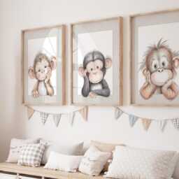 Safari Animal Monkey Baby Girls Boys A4 Or A3 Nursery Set Of Unframed Prints Unisex Neutral Boho Beige Grey Jungle Chimp Orangutan - thumbnail 2