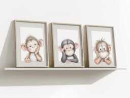 Safari Animal Monkey Baby Girls Boys A4 Or A3 Nursery Set Of Unframed Prints Unisex Neutral Boho Beige Grey Jungle Chimp Orangutan - thumbnail 1