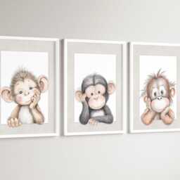 Safari Animal Monkey Baby Girls Boys A4 Or A3 Nursery Set Of Unframed Prints Unisex Neutral Boho Beige Grey Jungle Chimp Orangutan - thumbnail 3