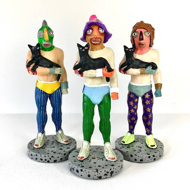 Handmade Paper Clay Sculpture Man With Cat - Brut Art Decor - image 1