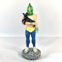 Handmade Paper Clay Sculpture Man With Cat - Brut Art Decor - thumbnail 2