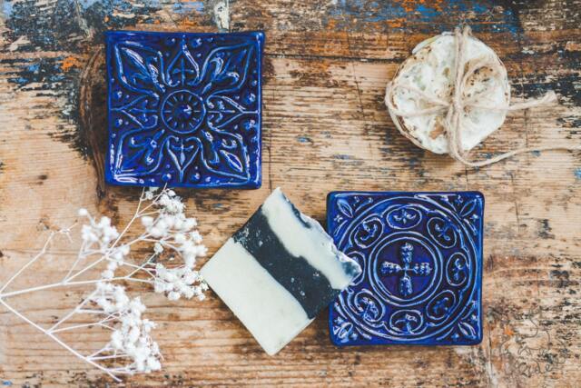 Blue Ceramic Soap Dish With Drain Handmade Pottery Key Tray - image 1