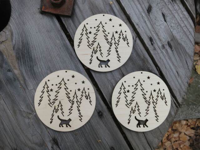 Cat in Starry Forest Bauble Birch Wood Christmas Ornament - image 1