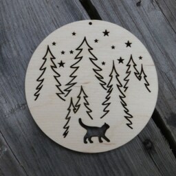 Cat in Starry Forest Bauble Birch Wood Christmas Ornament - thumbnail 3