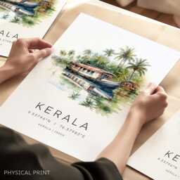 Kerela India Travel Poster, Prints, Houseboat, Alleppey, Southern India, Gift, Wall Decor, Art Lover - thumbnail 1