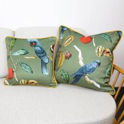 Olive Green Velvet Tropical Cockatoo Cushion Covers Botanical Jungle Birds With Contrast Mustard Or Teal Piping By Ashley Wilde - thumbnail 3